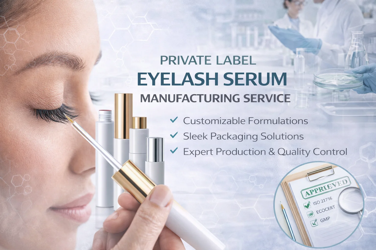 Graphic promoting private label eyelash serum manufacturing service with customizable formulations and sleek packaging solutions.